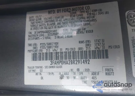 2011 Ford Fusion Se z USA, uszkodzony, nr VIN 3FAHP0HA2BR291492